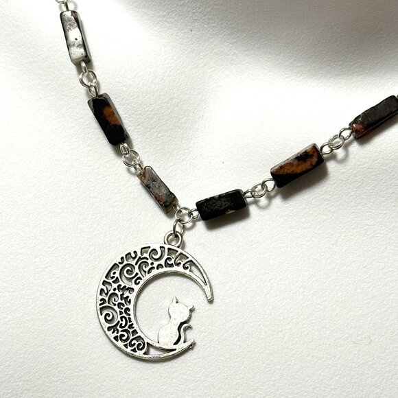 Genuine Dark Green Ocean Jasper Short Necklace, Gemstone & Cat on the Moon Charm - Picture 1 of 13